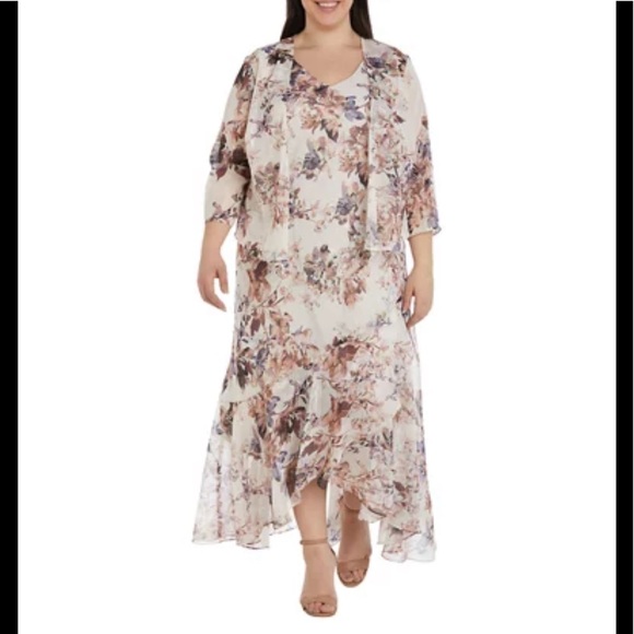 NWT,R&M Richards Plus Size Printed Dress with Jacket,champagne